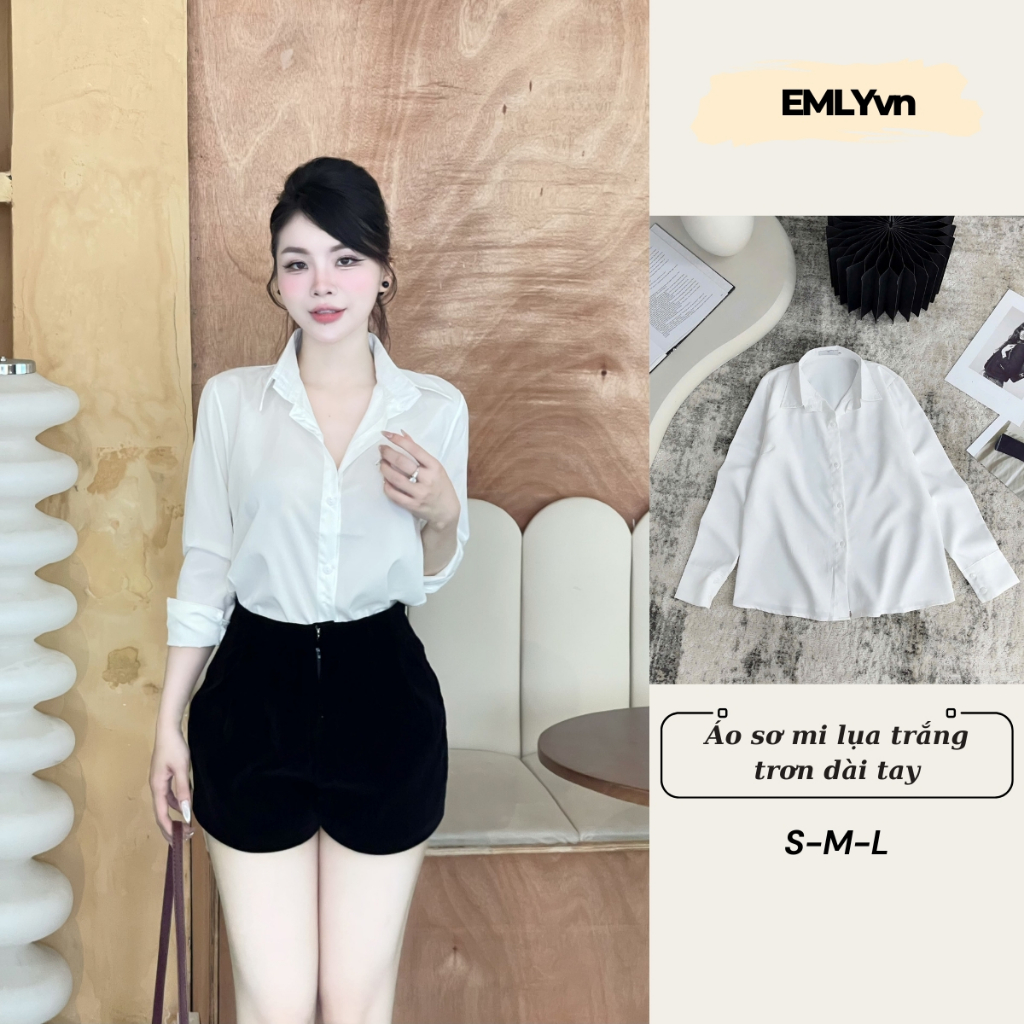 EMLY - Áo Sơ Mi Nữ Lụa Trắng Trơn Dài Tay, Áo Sơ Mi Công Sở Sơ Mi Dài Tay Nữ ( KHÔNG BỊ NHĂN )