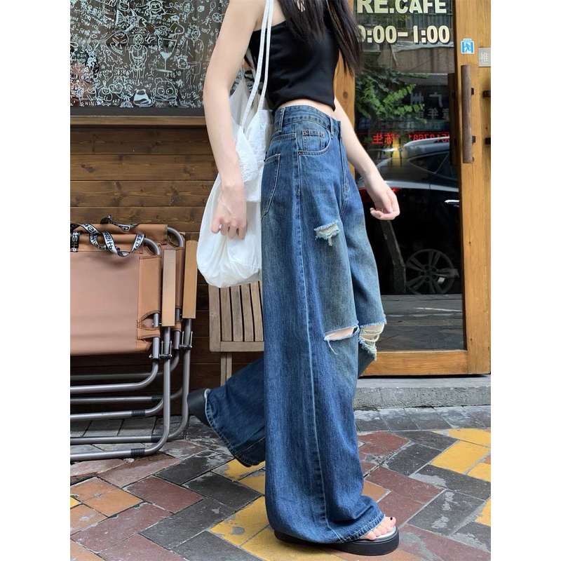 [ SẴN ] ●Quần jean thẳng màu sáng retro cỡ lớn dành cho nữ phong cách mới 1 lò xo eo cao dáng rộng ống rộng