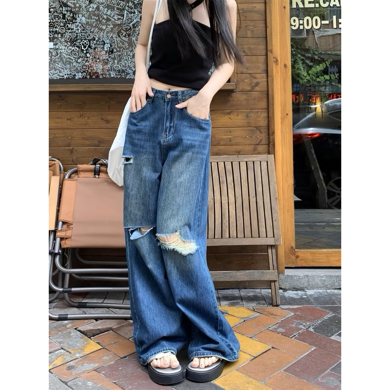 [ SẴN ] ●Quần jean thẳng màu sáng retro cỡ lớn dành cho nữ phong cách mới 1 lò xo eo cao dáng rộng ống rộng