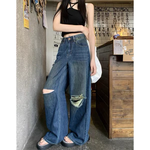 Quần jean thẳng màu sáng retro cỡ lớn dành cho nữ phong cách mới 1 lò xo eo cao dáng rộng ống rộng