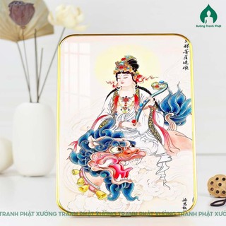 Tranh Văn Thù Sư Lợi bồ tát tráng gương siêu bóng siêu nét, dán viền gỗ