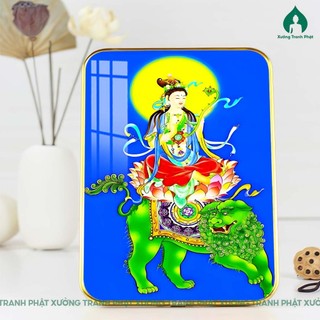 Tranh Văn Thù Sư Lợi bồ tát tráng gương siêu bóng siêu nét, dán viền gỗ