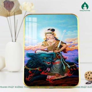 Tranh Văn Thù Sư Lợi bồ tát tráng gương siêu bóng siêu nét, dán viền gỗ
