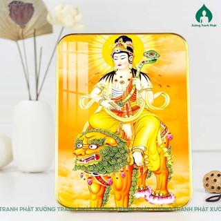 Tranh Văn Thù Sư Lợi bồ tát tráng gương siêu bóng siêu nét, dán viền gỗ