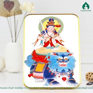 Tranh Văn Thù Sư Lợi bồ tát tráng gương siêu bóng siêu nét, dán viền gỗ
