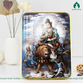 Tranh Văn Thù Sư Lợi bồ tát tráng gương siêu bóng siêu nét, dán viền gỗ