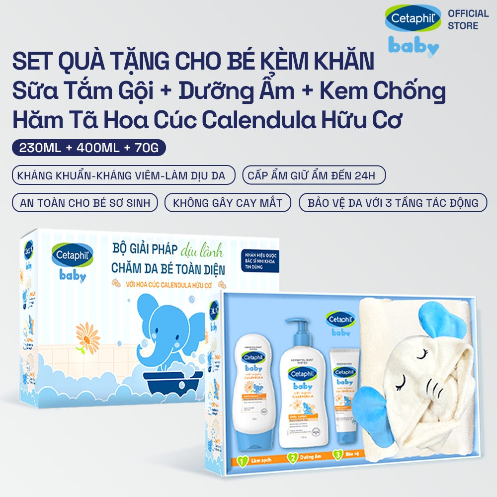 Ảnh Set quà tặng cho bé Cetaphil Baby gồm Sữa tắm gội 230ML + Sữa dưỡng ẩm 400ML + Kem chống hăm tã 70G + khăn tắm 1