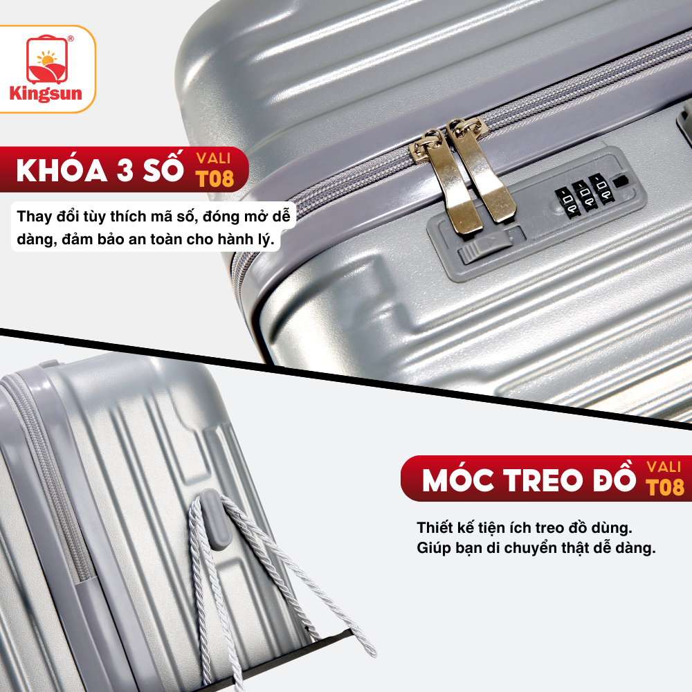 Vali kéo Du Lịch Kingsun T08/T01 Size 20/24/28 Cao Cấp  ABS+PC BẢO HÀNH 5 NĂM