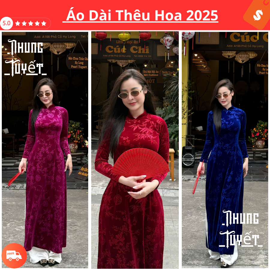 Áo Dài Thêu Họa Tiết Vải Nhung Tuyết Cao Cấp Mềm Mịn Truyền Thống Cổ trụ