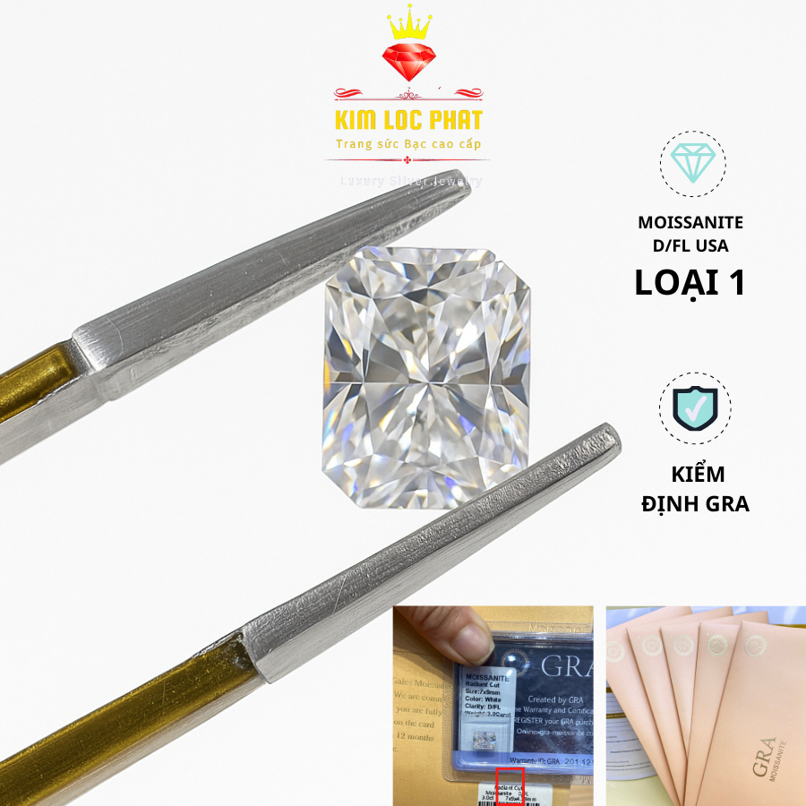 Moissanite Radiant D/FL loại 1 kiểm định GRA 4x6-7x9mm, Đá moissannite Mỹ Kim cương nhân tạo chữ nhật màu trắng cao cấp