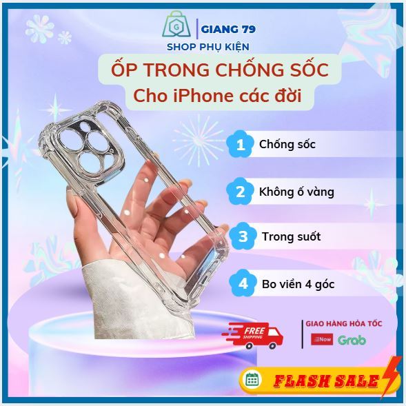 Ốp Lưng iPhone Chống Sốc 4 Góc, TPU Mềm Bảo Vệ camera, 6/6s/7/8/Plus/X/XS/11/12/13/14/15/16/Pro/Max