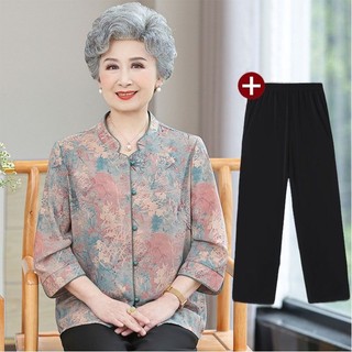 Áo tay áo năm điểm 70-80 tuổi của bà già, bộ đồ áo sơ mi mùa hè