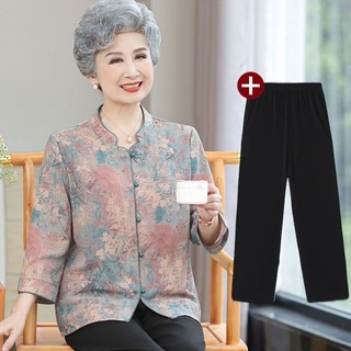 Áo tay áo năm điểm 70-80 tuổi của bà già, bộ đồ áo sơ mi mùa hè