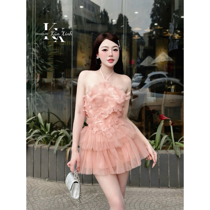 Set áo yếm đính hoa xinh chân váy lưới tầng xinh yêu