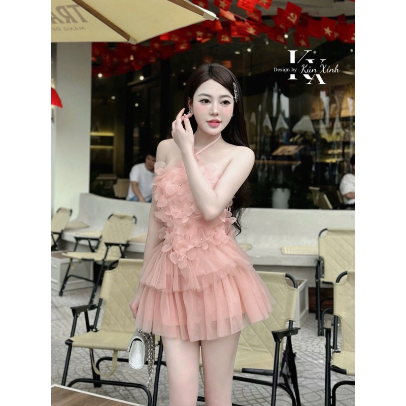 Set áo yếm đính hoa xinh chân váy lưới tầng xinh yêu