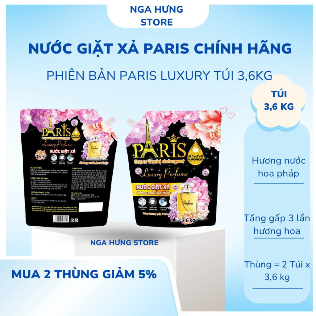 Túi Giặt Xả Paris ( 3.6Lít )  2 trong 1 - Phiên Bản Mới Luxury-Thơm nước hoa-Làm sạch nhanh