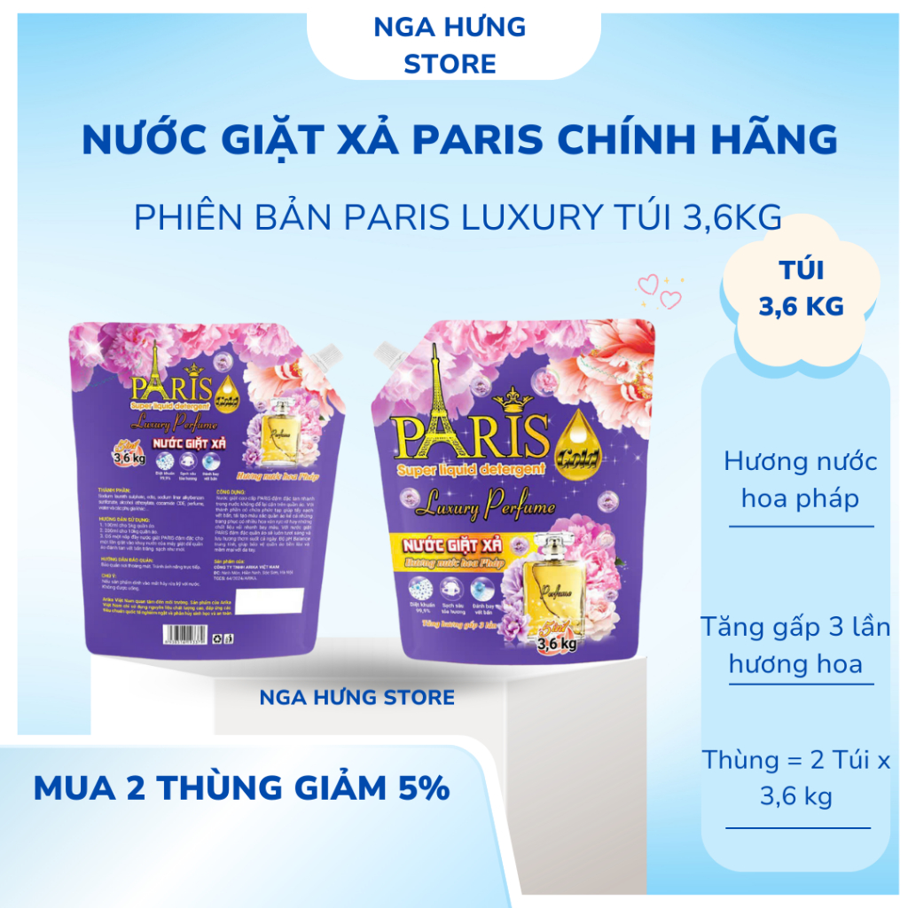 Túi Giặt Xả Paris ( 3.6Lít )  2 trong 1 - Phiên Bản Mới Luxury-Thơm nước hoa-Làm sạch nhanh