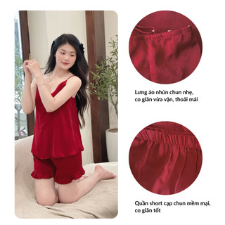 Bộ đồ ngủ hai dây lụa ngọc trai có dây điều chỉnh, quần cạp chun thoải mái, set đồ nữ mặc nhà dáng ngắn mềm mát Spacsilk