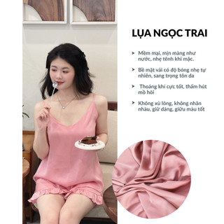 Bộ đồ ngủ hai dây lụa ngọc trai có dây điều chỉnh, quần cạp chun thoải mái, set đồ nữ mặc nhà dáng ngắn mềm mát Spacsilk