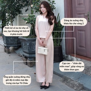 Bộ quần áo lụa Tô Châu cao cấp, set lụa dáng xuông quần xếp ly cạp cao áo sát nách cổ V thanh lịch Spacsilk