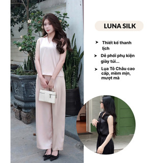 Bộ quần áo lụa Tô Châu cao cấp, set lụa dáng xuông quần xếp ly cạp cao áo sát nách cổ V thanh lịch Spacsilk