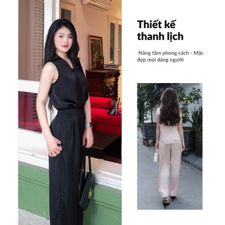Bộ quần áo lụa Tô Châu cao cấp, set lụa dáng xuông quần xếp ly cạp cao áo sát nách cổ V thanh lịch Spacsilk