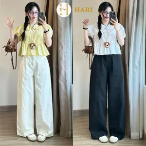 Quần Kaki Nữ Hari Ống Rộng Cạp Cao Chun Sau Basic Dáng Suông Rộng Mặc Mát Tôn Dáng Dễ Phối Đồ 441 P1K3