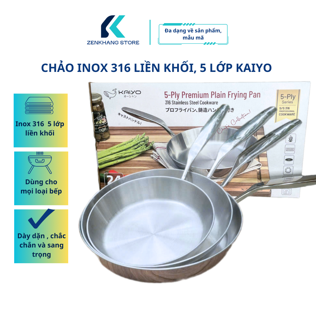 Chảo Inox, Chảo Inox 316 Nguyên Khối 5 Lớp 24cm/26cm KAIYO, Chảo Inox ...