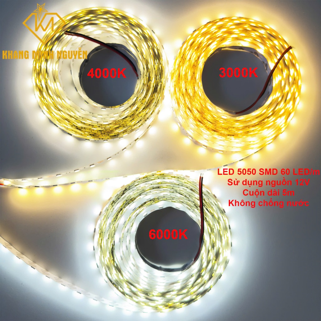 (Giá cuộn 5m) 60 Led/mét LED dây 5050 12V bản rộng 10mm cuộn 5m - có keo 2 mặt Ánh sáng trắng, vàng ấm, trung tính