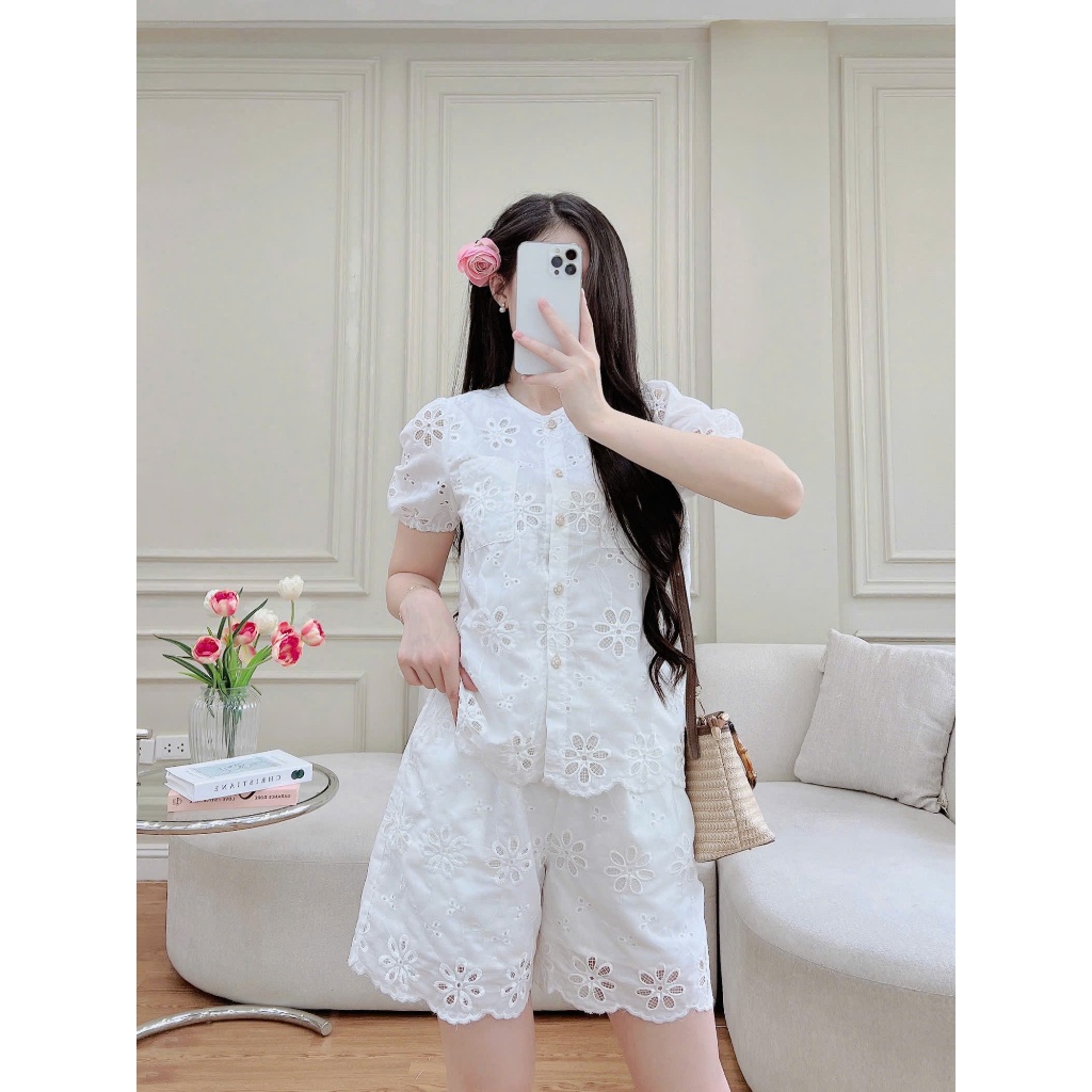 Ảnh Bộ Đồ Nữ Evalover Chất Liệu Thô, Họa Tiết Thêu Hoa, Có Lót Trong SET2024286 2