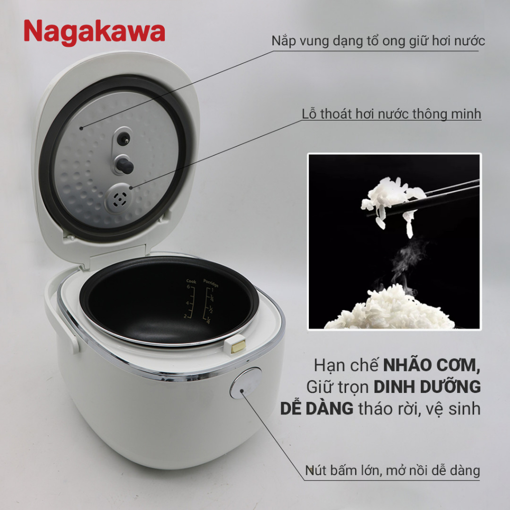 Ảnh Nồi cơm điện cảm ứng Nagakawa NAG0136 (1.2L - 500W) - Tích hợp 11 chương trình nấu - Bảo hành 12 tháng - Trắng Đen 2