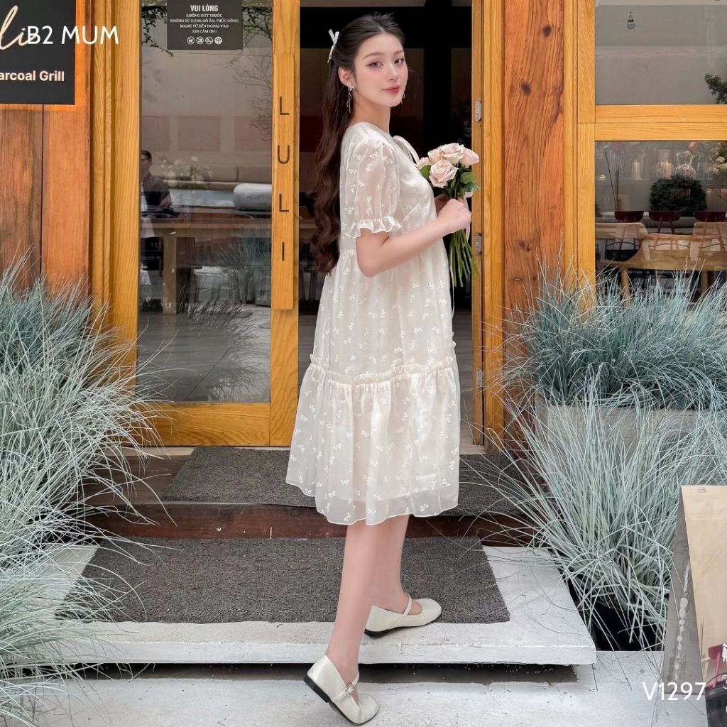 Váy Bầu Babydoll Chất Tơ Hàn Mềm Mại Đầm Bầu Mùa Hè Thiết Kế Tiểu Thư Thanh Lịch - B2 MUM - V1297
