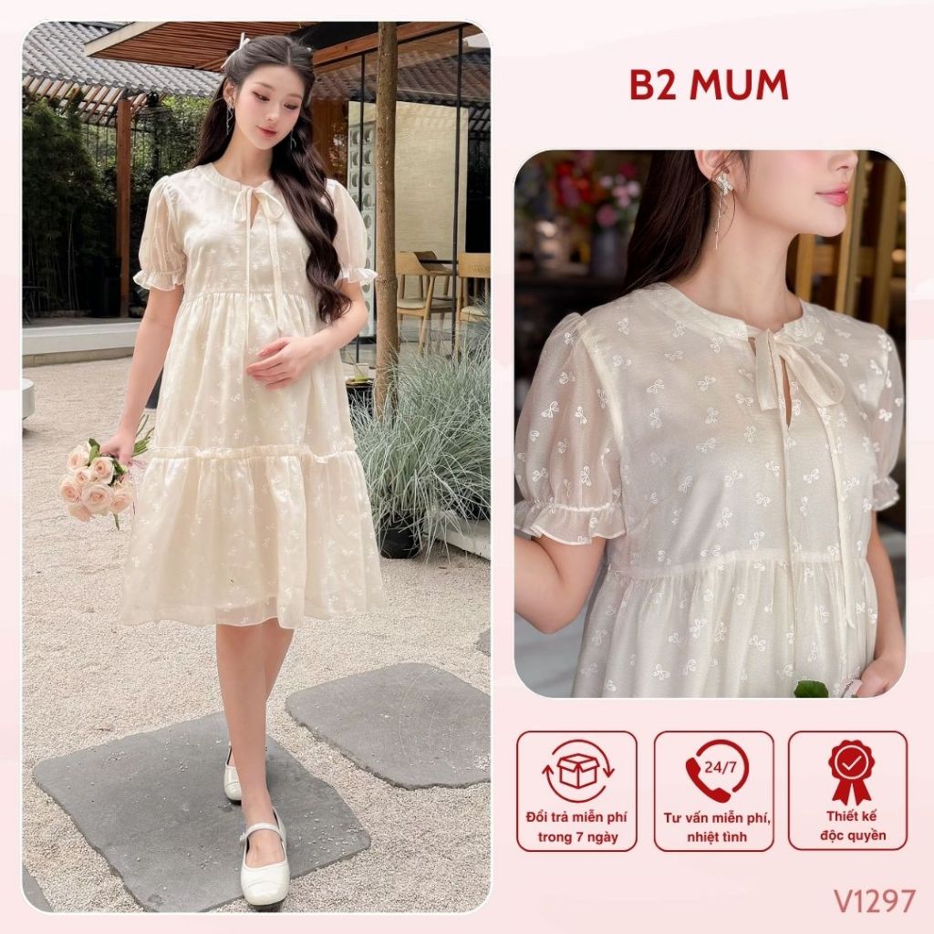 Váy Bầu Babydoll Chất Tơ Hàn Mềm Mại Đầm Bầu Mùa Hè Thiết Kế Tiểu Thư Thanh Lịch - B2 MUM - V1297