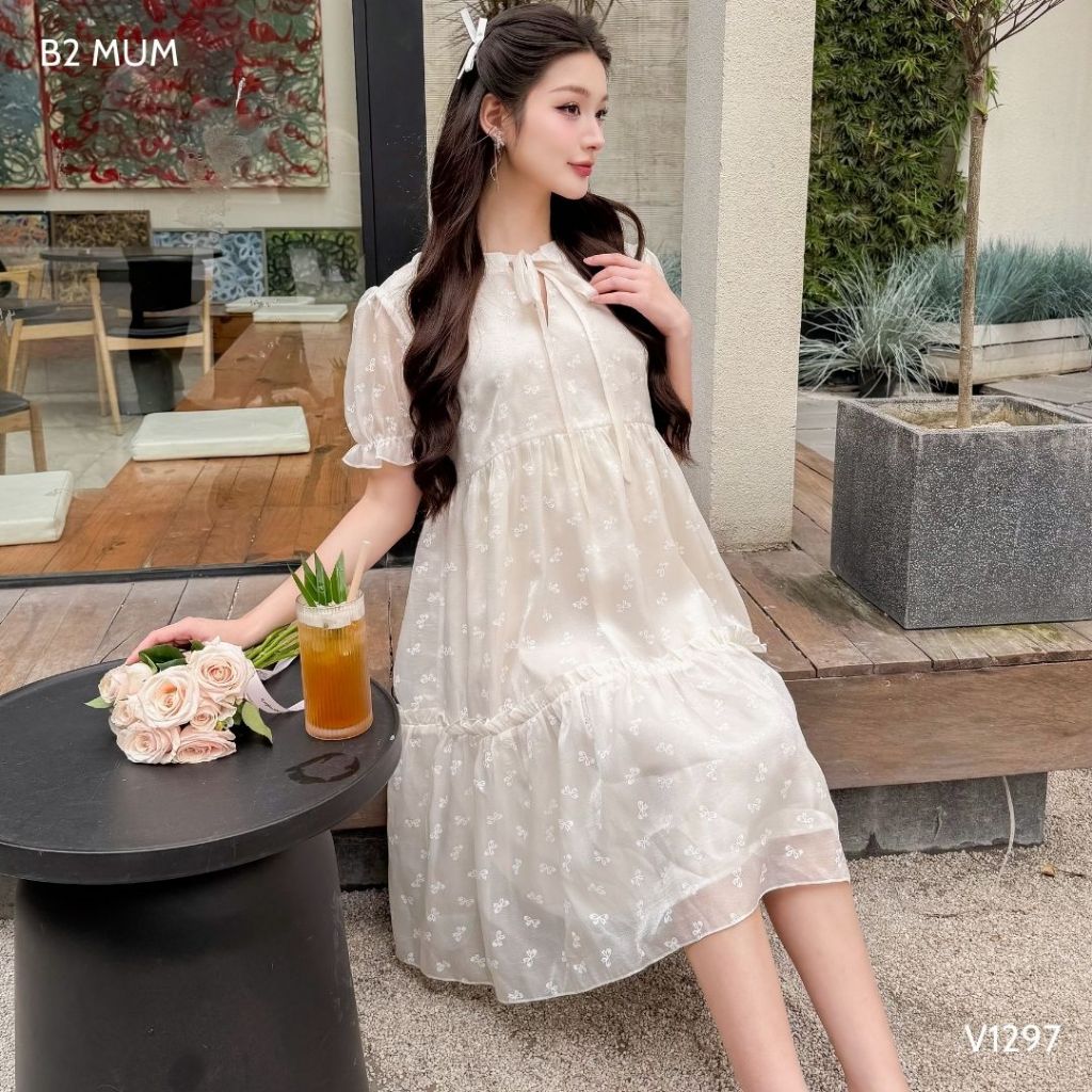Váy Bầu Babydoll Chất Tơ Hàn Mềm Mại Đầm Bầu Mùa Hè Thiết Kế Tiểu Thư Thanh Lịch - B2 MUM - V1297