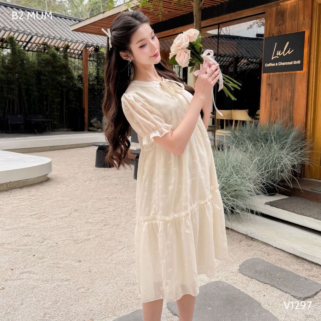 Váy Bầu Babydoll Chất Tơ Hàn Mềm Mại Đầm Bầu Mùa Hè Thiết Kế Tiểu Thư Thanh Lịch - B2 MUM - V1297