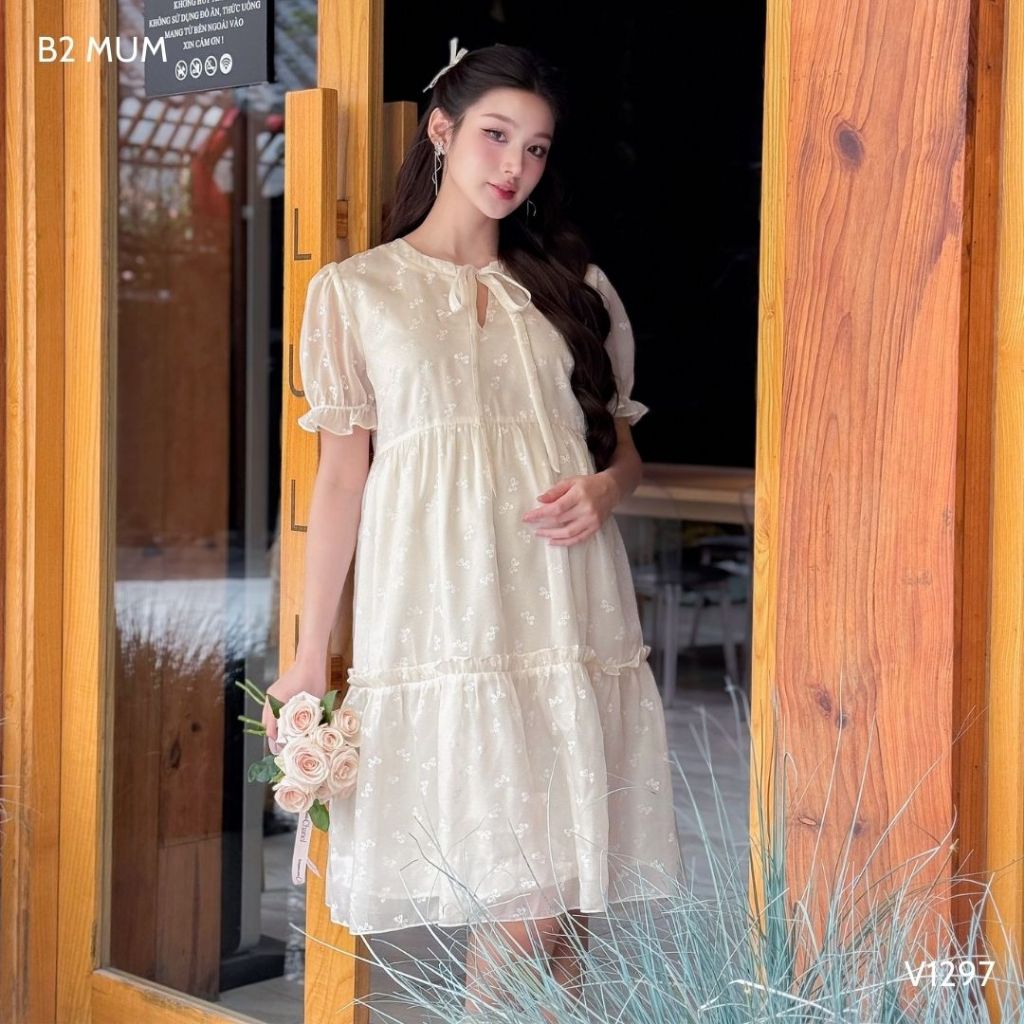 Váy Bầu Babydoll Chất Tơ Hàn Mềm Mại Đầm Bầu Mùa Hè Thiết Kế Tiểu Thư Thanh Lịch - B2 MUM - V1297