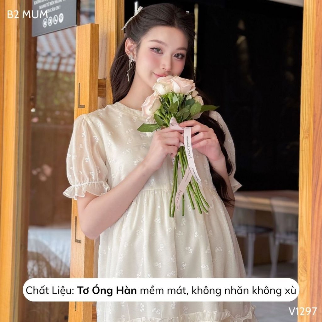 Váy Bầu Babydoll Chất Tơ Hàn Mềm Mại Đầm Bầu Mùa Hè Thiết Kế Tiểu Thư Thanh Lịch - B2 MUM - V1297