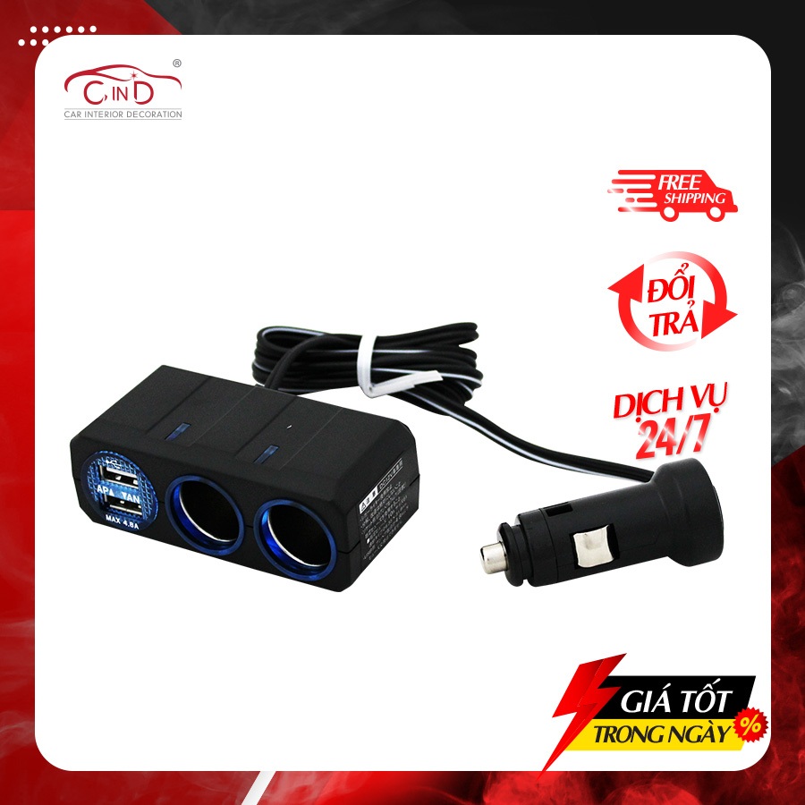 Bộ Chia Tẩu Ô Tô 2 Ổ Và 2 Cổng USB Có Dây AIRQ PZ-711 Phù Hợp Cho Nhiều Dòng Xe Ô Tô Xe Hơi
