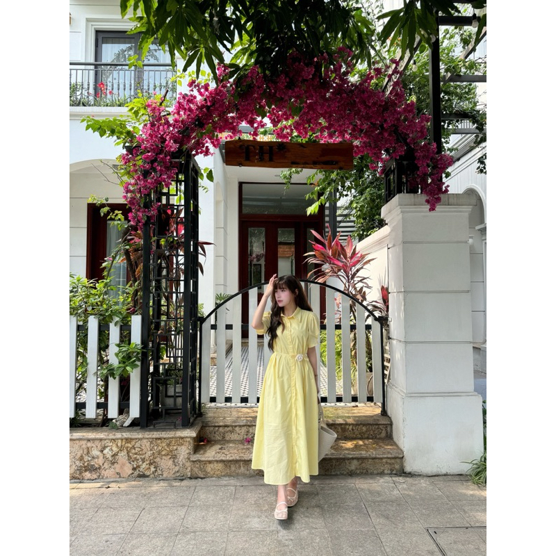 Đầm maxi Chililuu váy xanh dáng dài thắt eo tay bồng ngắn tay phong cách tiểu thư Hàn Quốc