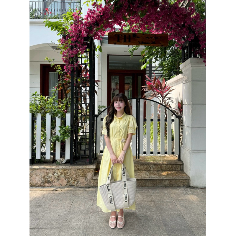 Đầm maxi Chililuu váy xanh dáng dài thắt eo tay bồng ngắn tay phong cách tiểu thư Hàn Quốc
