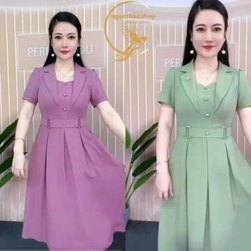 đầm trung niên cho mẹ đi tiệc, đầm cổ vest sang trọng công sở chất vải lụa mango- VDO1