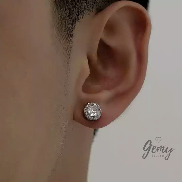 Khuyên tai nam bạc 925 thanh thẳng dáng tròn đính đá có 3 size Henry (1 chiếc) | GEMY SILVER KN100