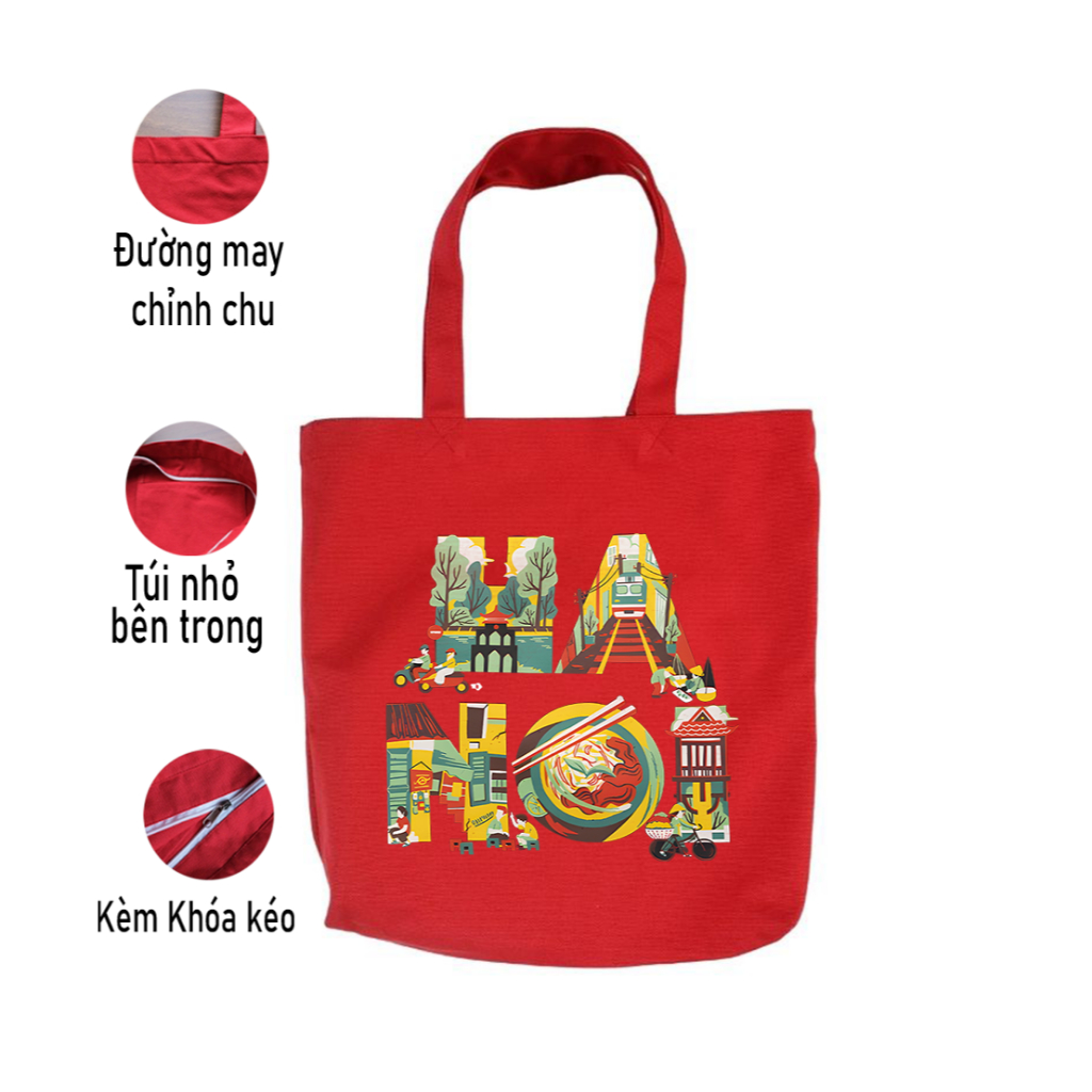 Túi vải canvas TÔI YÊU VIỆT NAM màu đỏ CÓ KHÓA KÉO -  TÚI TOTE DU LỊCH đeo vai phong cách thời trang đựng đồ tuid011