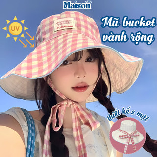 Mũ Tai Bèo Chống Nắng MAISON Đội Được 2 Mặt Họa Tiết Caro-Trơn Màu Pastel, Mũ Bucket Rộng Vành Dây Nơ Đi Chơi, Đi Biển