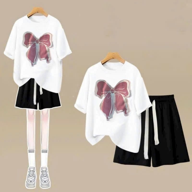 Sét bộ quần đùi trơn + mix áo phông from rộng chất vải cotton- nơ KOLILA-quanao94