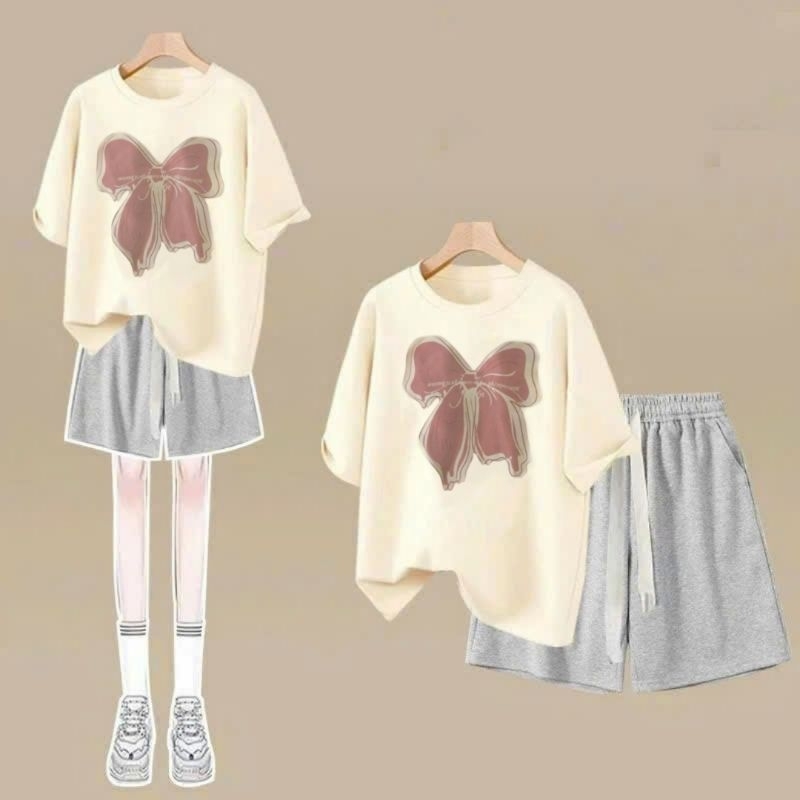 Sét bộ quần đùi trơn + mix áo phông from rộng chất vải cotton- nơ KOLILA-quanao94