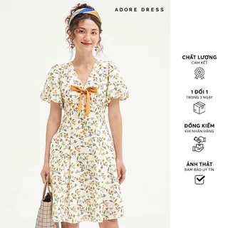 511DR1014 - Đầm mini thô lụa hoa daisy vàng nơ cổ ADORE DRESS