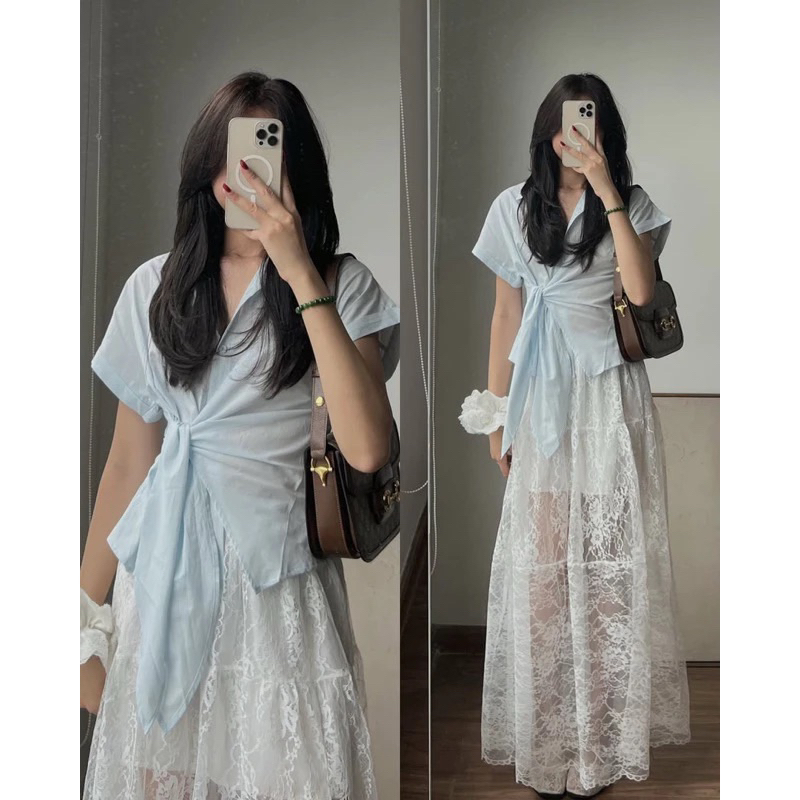 áo sơ mi nữ vạt chéo thắt nơ Thanhhuyen clothings QCL1