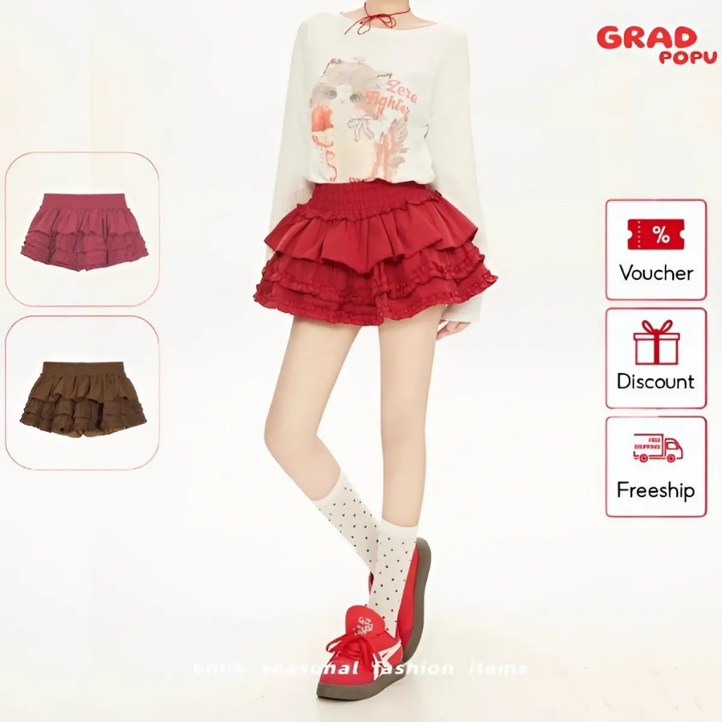 Chân váy ngắn GRADPOPU xòe bồng bềnh 3 tầng ngọt ngào cạp chun ôm eo gợi cảm phong cách y2k PVN16