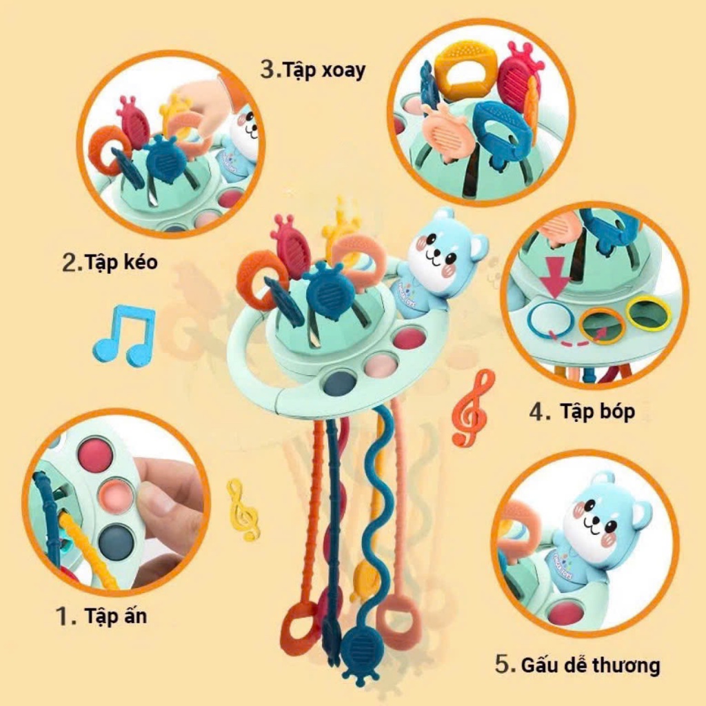 Đồ chơi gấu rút dây cho bé gặm nướu kết hợp vận động tinh giáo dục sớm montessori